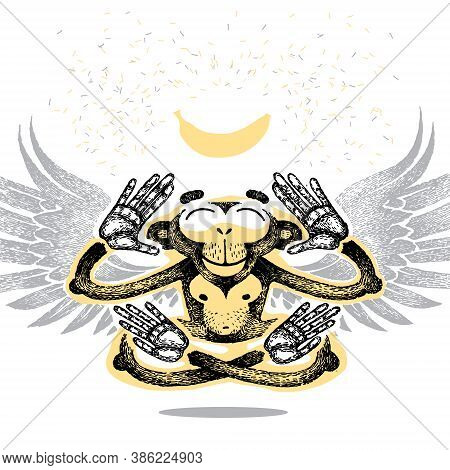 Monkey With Wings Sits In Lotus Position And Keep Calm, Meditating, Levitates And Dreaming Of Banana