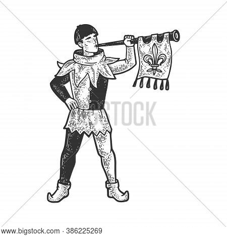 Medieval Trumpeter Sketch Engraving Vector Illustration. T-shirt Apparel Print Design. Scratch Board