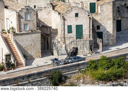 Matera, Italy - September 15, 2019: Bond 25, Aston Martin Db5 While Filming Chase Scenes Through The