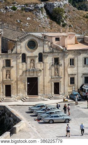 Matera, Italy - September 15, 2019: Bond 25, Aston Martin Db5 Cars Prepared To Shoot Chase Scenes Fr