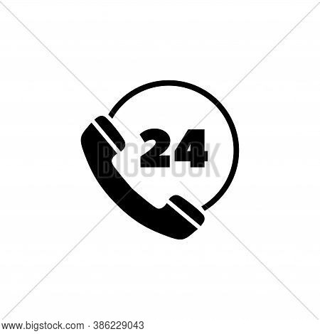All Day Customer Support Call Center. Flat Vector Icon Illustration. Simple Black Symbol On White Ba