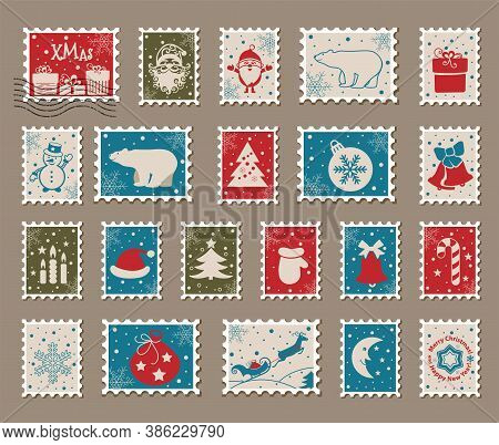 Christmas Postage Stamps With Santa Claus, Snowman. Vector Illustration