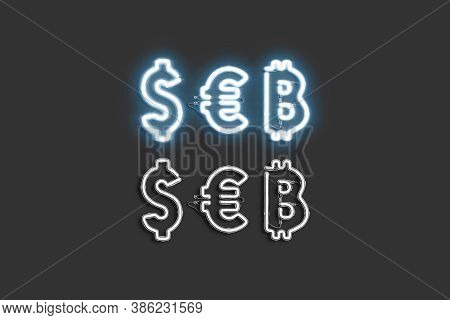 Neon Dollar, Euro And Bitcoin Symbol, Lunimous Font Mock Up, 3d Rendering. Illuminated Electricity F