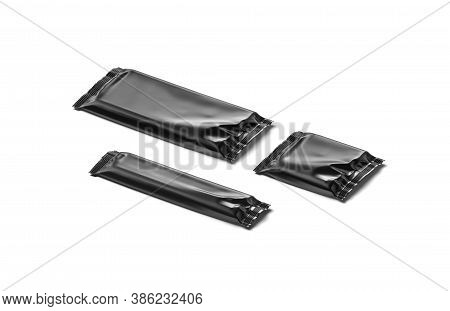 Blank Black Big, Small, Square Chocolate Bar Foil Wrap Mockup, 3d Rendering. Empty Chocolat Polythen
