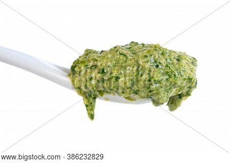 Hot Chili Pepper Paste. Green Sauce On The Ceramic Bowl Isolated On White Background. Adjika Or Ajik