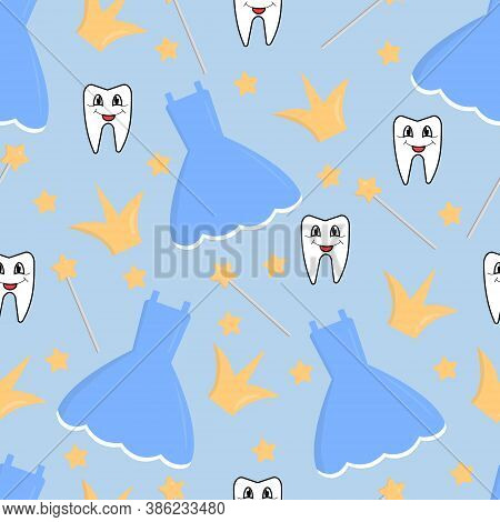 Seamless Vector Pattern With Tooth Fairy Elements Like A Dress, Magic Wang. Tooth And Crown, On A Bl