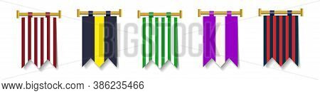 Set Of Multicolored Vertical Flags, Pennants On A Gold Flagpole With Vertical Stripes And Shadow