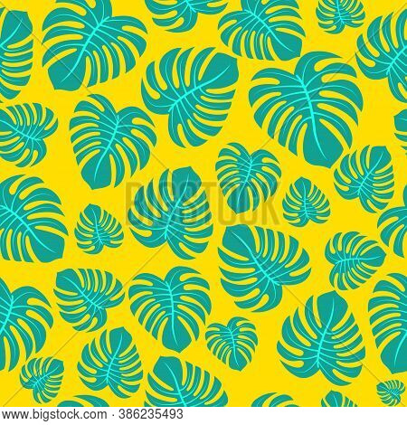 Green Monstera Leaves With Veins On A Yellow Background. Seamless Pattern.