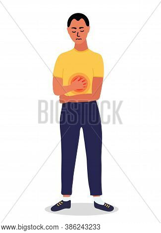 Yuong Man Feels A Strong Pain In The Stomach. Stomach Disease, Ulcers, Gastritis. Cartoon Vector.