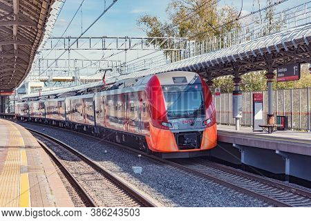 Moscow, Russia - September 16, 2020: Mcc Train Stands By Likhobory Station Platform.
