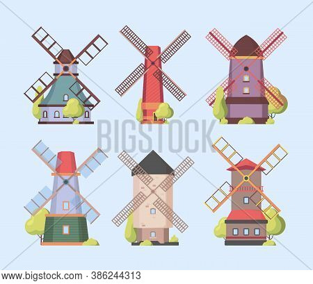 Windmill. Holland Dutch Authentic Constructions Windmills Vector Collection Set. Farm Construction W