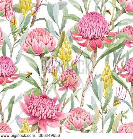 Beautiful Vector Seamless Floral Pattern With Watercolor Summer Protea Flowers. Stock Illustration.