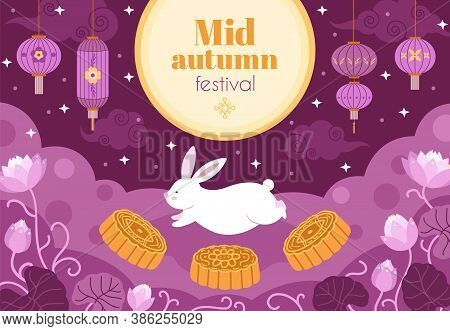 Asian Autumn Festival. Night Fest, Full Moon Light Chinese Holiday Banner. Asian Floral Branch, Moon