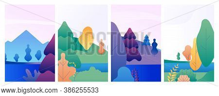 Nature Landscape Cards. Winter Summer Spring Banners, Forest And Lake Minimal Style Social Media Vec