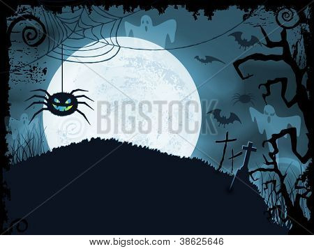 Bleu arrière-plan ombré de Halloween avec araignée effrayante, pleine lune, chauves-souris, fantômes, Croix et grunge elem