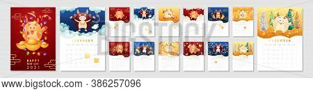 Set Of 12 Months Calendar 2021 A4 Format For Print. Calendar Design Concept With Bull Or Ox, Gold In