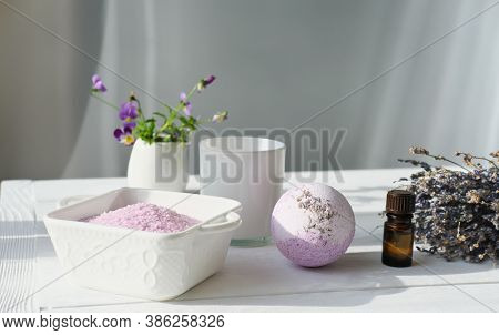 Lavender As Calming And Soothing Ingredient For Bath Soak, Bubble Bath Bomb And Scented Candle. Rela