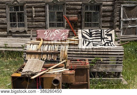 Barskon, Kyrgyzstan - July 10, 2019:  Wood Construction And Felt In A Yurt (ger) Factory And Worksho