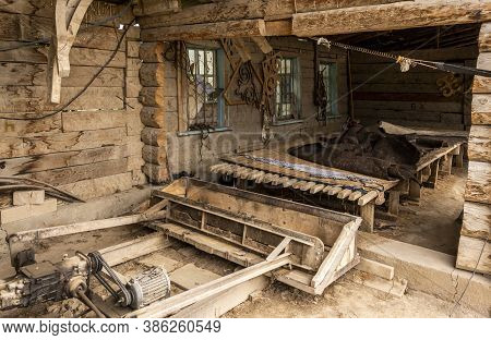 Barskon, Kyrgyzstan - July 10, 2019:  Wood Construction And Felt In A Yurt (ger) Factory And Worksho