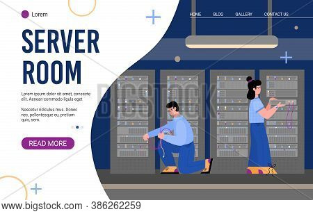 Data Server Room Landing Page For Internet Website On White Background. Worker Serving Computer Serv