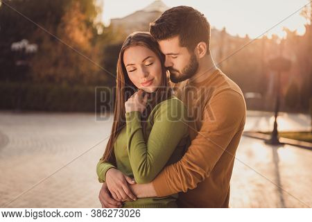 Passionate Couple Guy Embrace Cuddle His Girlfriend In Fall October Nature Town Park Wear Yellow Gre
