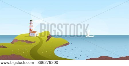 Lighthouse On A Green Promontory Overlooking The Seashore With Passing Ship On The Ocean In A Panora