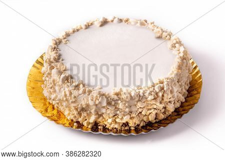 Delicious Polvito Uruguayo Cake With Sugar And Caramel Isolated On White Background
