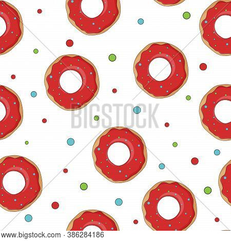 Christmas Donut Seamless Pattern On White Background, Stock Vector Illustration.