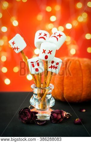 Halloween Party. Marshmello Scary Faces, Ghosts. Pumpkin, Withered Rose Flowers, Garland Lights, Bok