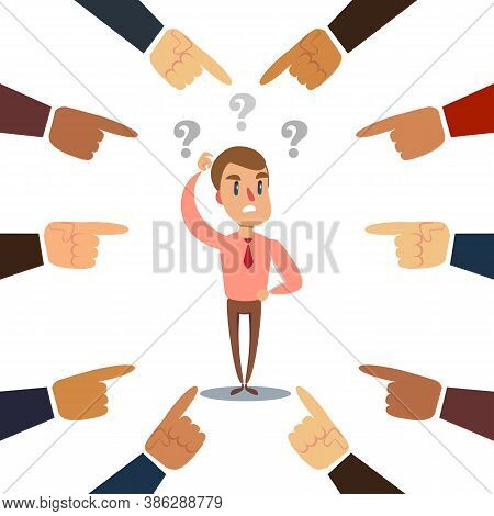 Plenty Of Crop Hands Fingers Pointing At Young Man Feeling Guilty And Being Introvert. Man Character