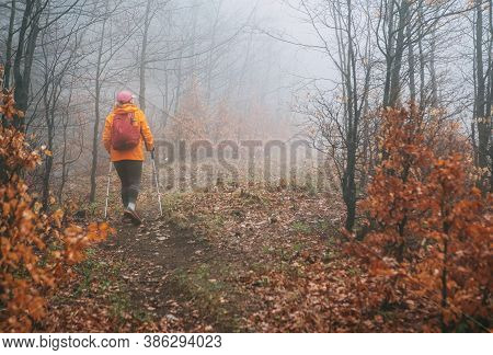 Dressed Orange Bright Jacket Young Woman Backpacker Walking By The Touristic Path Using Trekking Pol