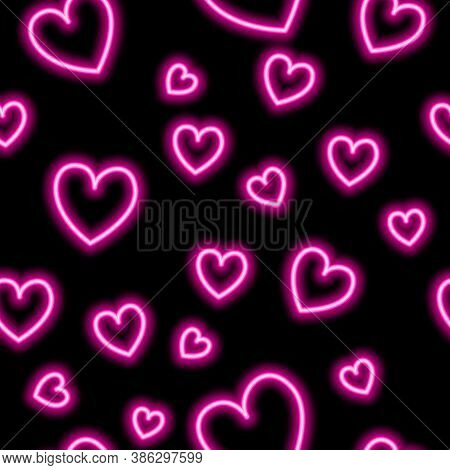 Black Seamless Pattern With The Image Of Hearts Of Different Sizes In Red Neon Color. Vector Stock I