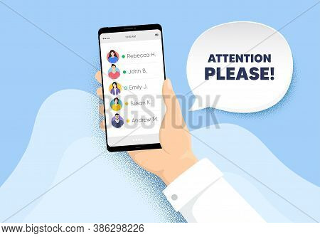 Attention Please. Hand Hold Phone With Contacts List. Special Offer Sign. Important Information Symb