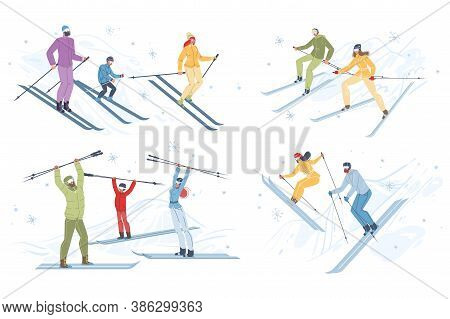 Happy People Enjoy Skiing. Man Woman Couple, Parent Children Skier Character In Uniform Riding Downh