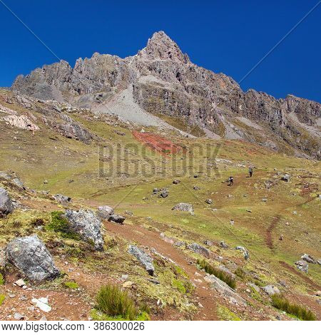 Ausangate Trek Trekking Trail With Two Tourists, Ausangate Circuit, Cordillera Vilcanota, Cuzco Regi