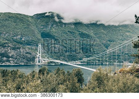 Hardanger Bridge Over Fjord Eidfjorden In Norway, Scandinavia, Hordaland County