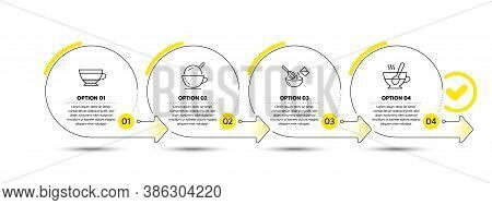 Ice Cream, Cooking Whisk And Dry Cappuccino Line Icons Set. Timeline Process Infograph. Tea Cup Sign