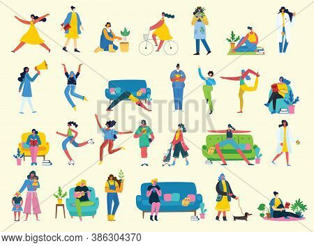 Vector Illustration Character Set Of Smart Business Woman In Various Activities, Action, Gesture, In
