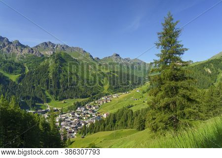 Mountain Landscape At Summer Along The Road To Campolongo Pass, Dolomites, Belluno Province, Veneto,