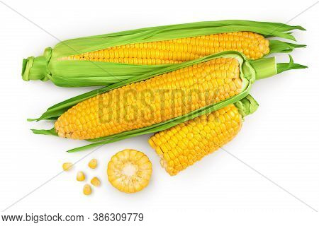 Ear Of Corn Isolated On A White Background. Clipping Path. Top View. Flat Lay