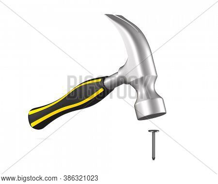 hammer and nail on white background. Isolated 3D illustration