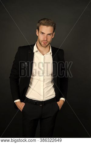 Making Money Like Pro. Business People. Serious Motivated Entrepreneur. Businessman Formal Suit. Han