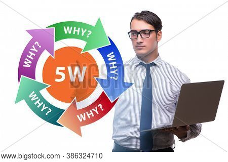Five whys concept with businessman pressing virtual button