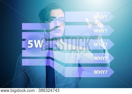 Five whys concept with businessman pressing virtual button