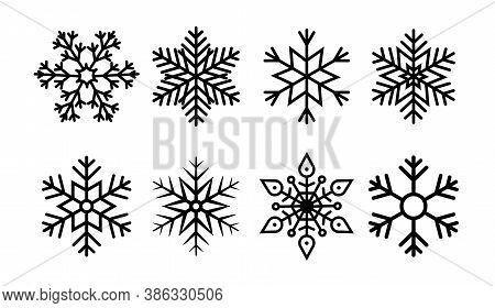 Snowflake For Christmas. Icon Geometric Set Of Snow. Line Winter Ornament. White Flake Of Snow. Froz