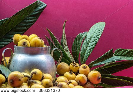 Medlar Fruits In Aluminum Container On Pink Background