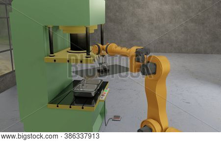 Automated Manufacturing Factory Robotic Arm Loading Metal Sheet To Hydraulic Press Stamping Machine 