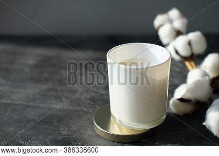 Natural Organic Candle In Unbranded White Glass. Scented Candle For Home Aromatising And Cozy Atmosp