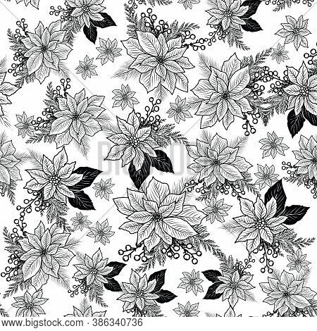 Seamless Christmas Line Art Pattern With Poinsettia, Holly, Berries.