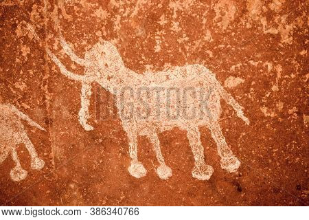 One Of The Paintings From This Historical Place Bhimbetka. The Rock Shelters And Caves Here Have A L